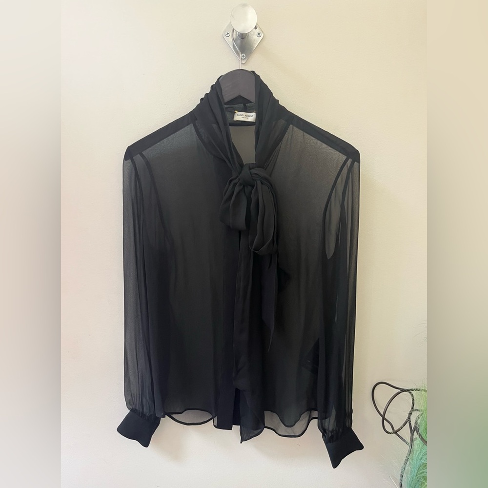Saint Laurent Paris Silk Sheer Long Sleeve Button Down with Bow - Picture 9 of 15